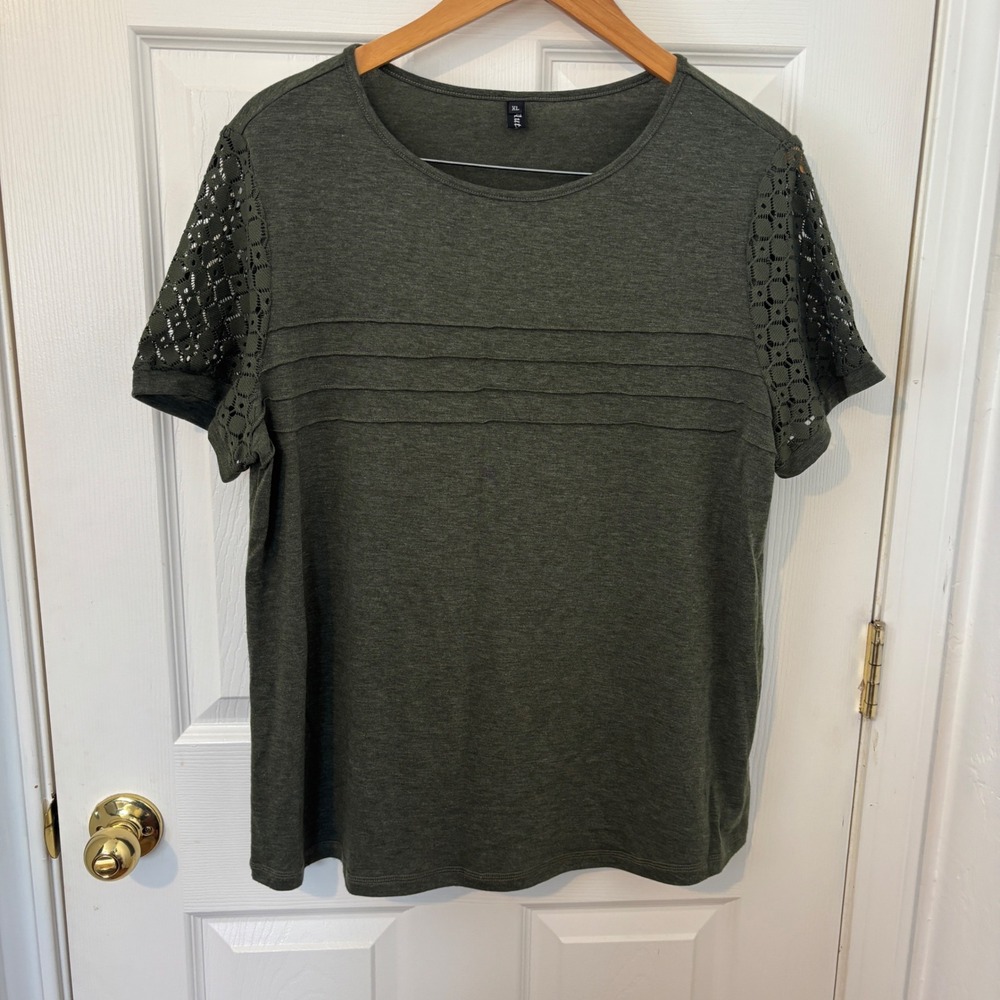 Automet Women Olive Green Crochet Lace Short Sleeve Pintuck Top XL